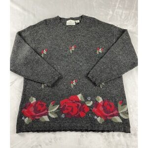 Vintage Fitting Image Sweater Women 22/24 Black Floral Wool Blend Cottagecore